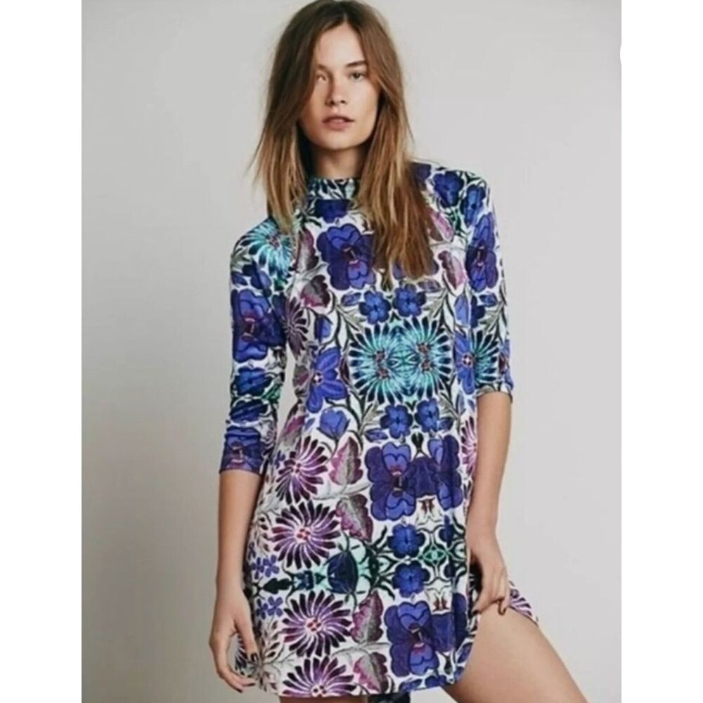 Free People Fiesta Floral Swing Dress Size S Purple Blue 3/4 Sleeve Stretch